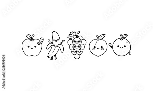 Cute fruit coloring page printable for kids featuring happy cartoon apple banana grapes peach and orange vector