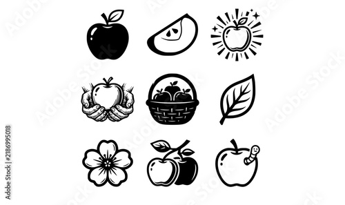 Bold apple fruit icons collection with black line and solid fill shapes for organic market branding vector