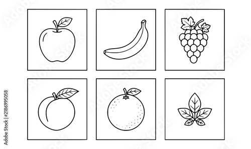 Educational fruit line art coloring sheet with modern grid panel layout for kids activity pages vector