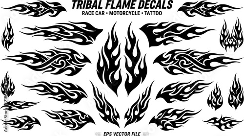 Flame Decal Vector Set, Fire Abstract Black Silhouette Tribal Flames for Race Car Vinyl, Hot Rod Tattoo, and Motorcycle Airbrush Stencil