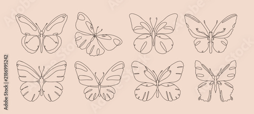 Hand drawn vector illustration. Thin line style. Delicate butterflies outline or sketch isolated on light background