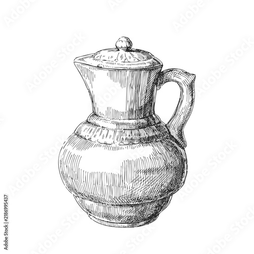 Vintage Earthenware Jug with Lid Vector Hand Drawn Ink Illustration Ceramic Pitcher with Faience Pottery Rustic Pantry Sketch