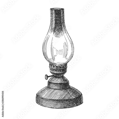 Vintage Kerosene Table Lamp with Soot Vector Hand Drawn Ink Illustration Antique Oil Burner Dark Academia Pantry Sketch.