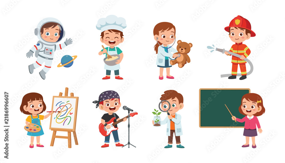 Fototapeta premium Cute Cartoon Children in Various Profession Uniforms Vector Set for Kids Career Day Education Kindergarten Learning Posters and Future Occupation Graphic Designs