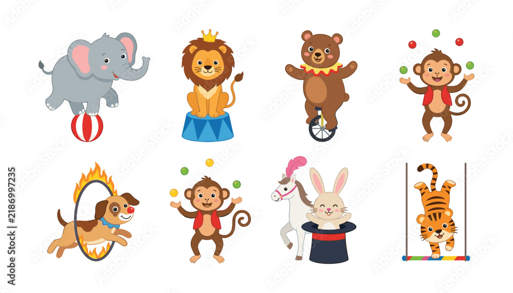 Obraz premium Cute Cartoon Circus Animals Vector Character Set Performing Fun Stunts and Juggling for Carnival Birthday Party Themes Nursery Decor and Kids Amusement Illustration Designs