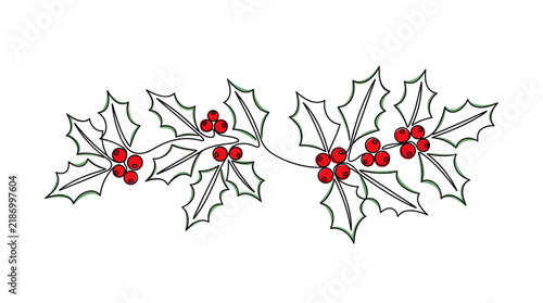 Holly border drawing displays a horizontal branch with detailed leaves and clusters of red berries.