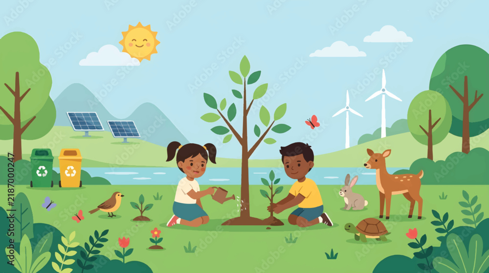 Naklejka premium Children Planting Trees in Eco-Friendly Landscape
