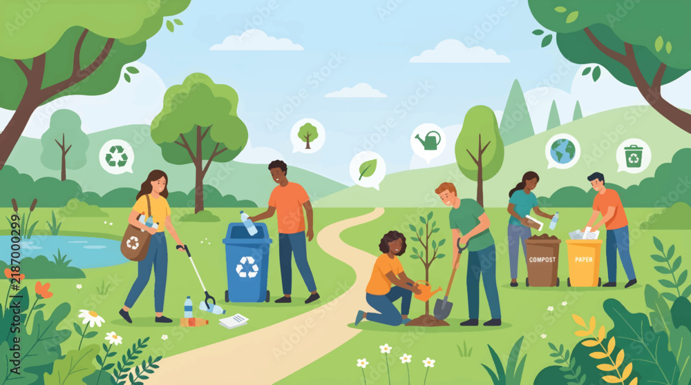 Naklejka premium Community Efforts for Eco-Friendly Cleaning and Planting
