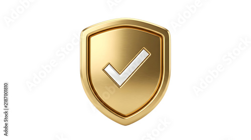 Golden metallic security shield with checkmark symbol