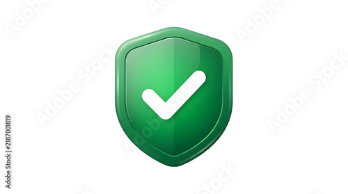 Glossy green security shield with black checkmark symbol
