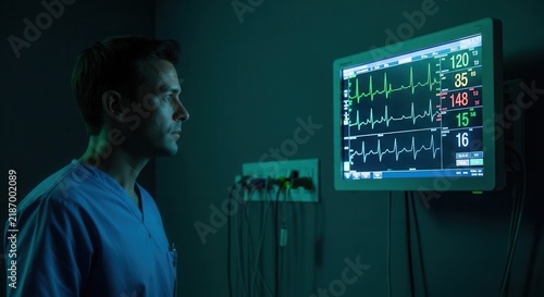 Doctor wearing blue scrubs intently watches a vital signs monitor displaying ECG waveforms and numerical data in a dimly lit medical setting.