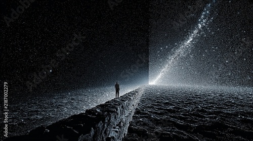 A solitary human figure stands at the edge of a vast cosmic abyss, contemplating the infinite universe, where dark matter meets a radiant celestial light in a surreal digital landscape.