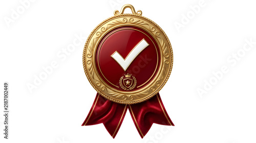 Premium golden checkmark seal badge with red ribbon