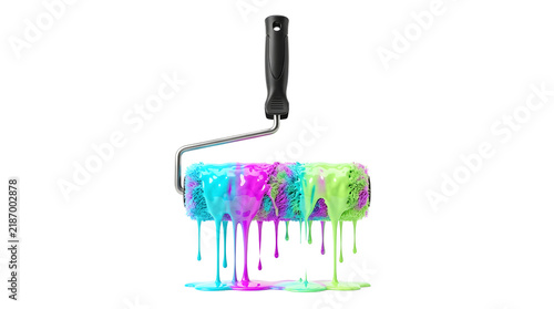 Colorful paint roller dripping vibrant neon paint droplets