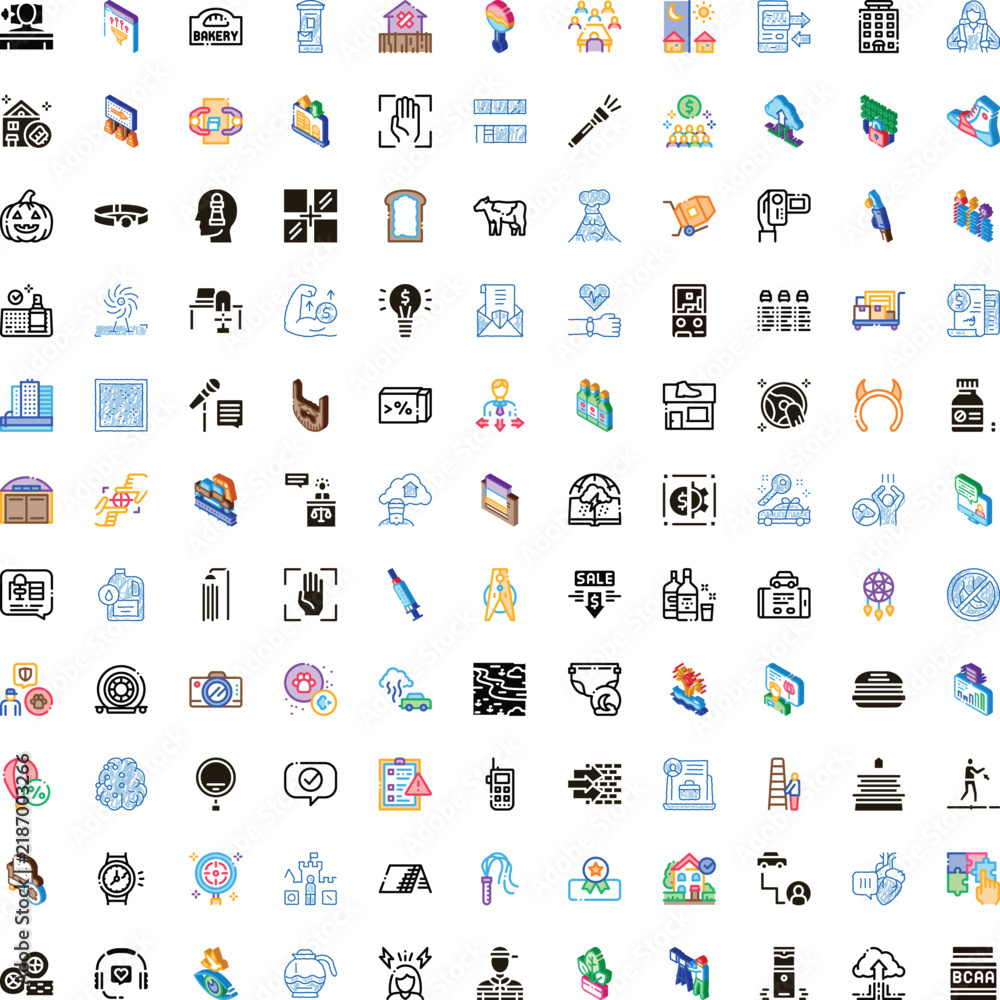 Fototapeta premium Collection of diverse business, communication, food, and technology icons in flat style and isometric views, perfect for web, application, and infographic design