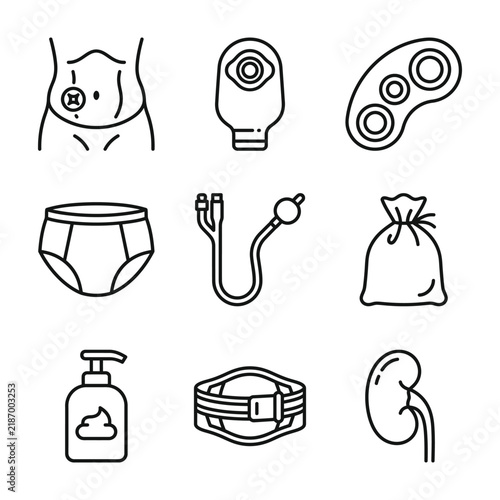 Medical ostomy and stoma care icon set with stoma bag colostomy catheter digestive supplies