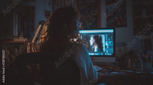 A person with curly hair sits at a dimly lit desk late at night, focused on a computer screen while editing a video, surrounded by an inspiring creative environment and scattered art supplies.