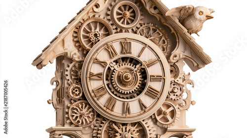 Wooden cuckoo clock with visible gears and Roman numeral dial, isolated on transparent background
