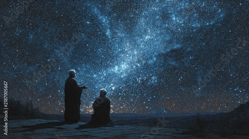 Two wise individuals, a philosopher and a cosmologist, deeply engaged in conversation under a breathtaking starry night sky, contemplating the universe's mysteries, surrounded by serene natural beauty