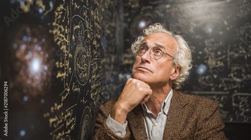 Thoughtful philosopher of science pondering complex theories while standing before a detailed chalkboard covered in intricate scientific diagrams and equations, captured in a reflective moment of deep