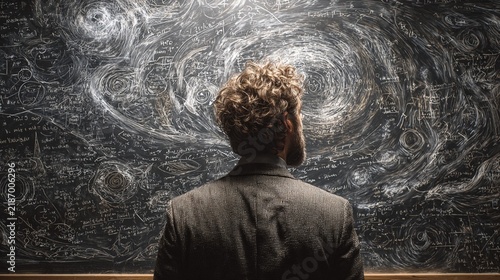 A thoughtful scientist contemplating complex theories of the universe, standing in front of a detailed chalkboard filled with swirling diagrams and scientific notations, exuding curiosity and introspe