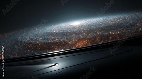 A breathtaking view from the edge of a starship overlooking a vast galaxy filled with countless shining stars and cosmic dust, illuminated against a dark backdrop, conveying a sense of wonder and expl