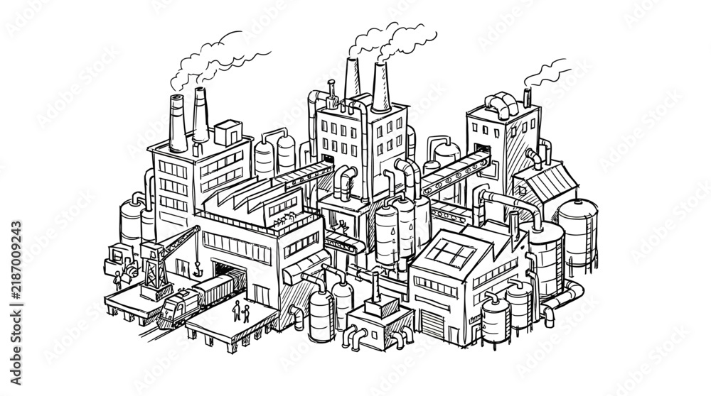 Obraz premium Detailed Illustration of an Industrial Factory Complex with Multiple Buildings and Chimneys.