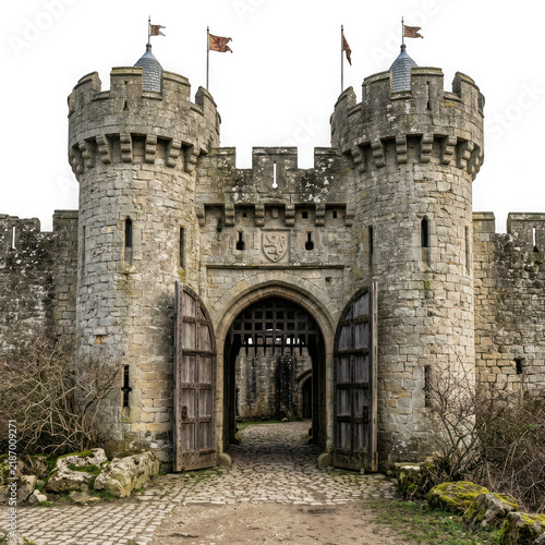 Ancient stone castle gatehouse with wooden doors and portcullis isolated on transparent background