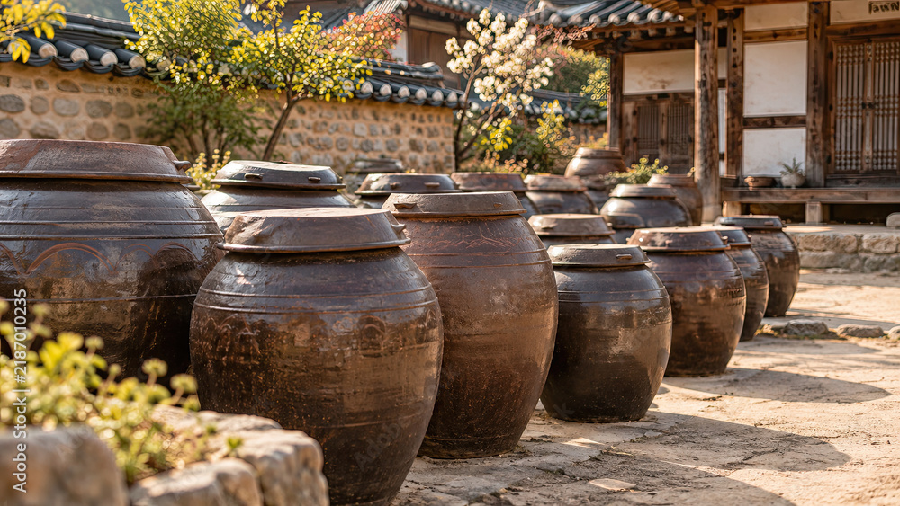 Obraz premium several traditional clay fermentation pots lined up in a sunny courtyardม symbolic of slow traditional fermentation aging.