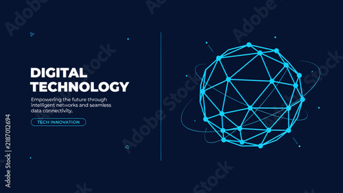 A blue polygonal network globe represents digital technology and interconnected systems geometric mesh connections data nodes lines futuristic abstract