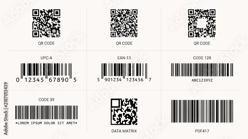 Various barcode and quick response code types are displayed as a flat vector illustration upca ean 13 code128 code39 datamatrix