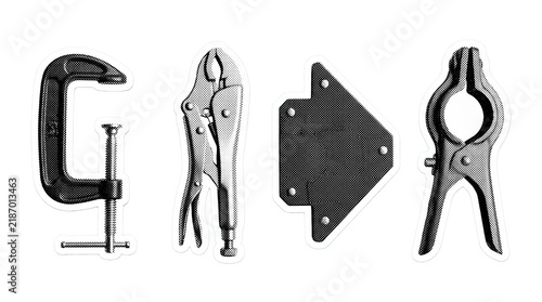 welding clamp retro halftone set , clean white border outline PNG