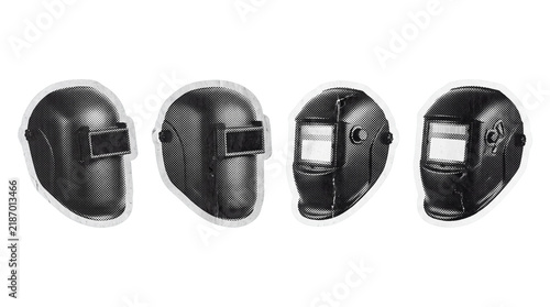 welding helmet retro halftone set , clean white border outline PNG