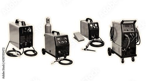 welding machine retro halftone set , clean white border outline PNG