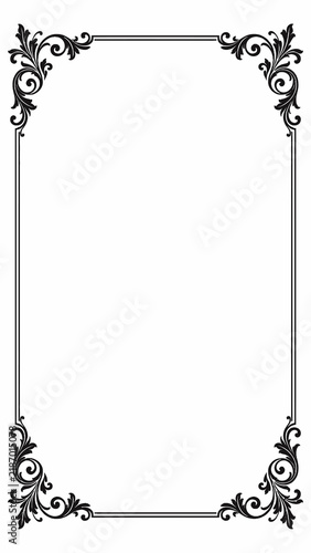 Vintage Ornamental Rectangle Frame with Elegant Black Floral Corner Border on White Background