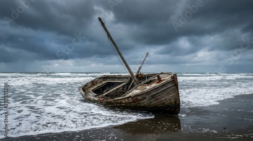 Worn down tiny boat abandoned close to the ocean edge during windy weather