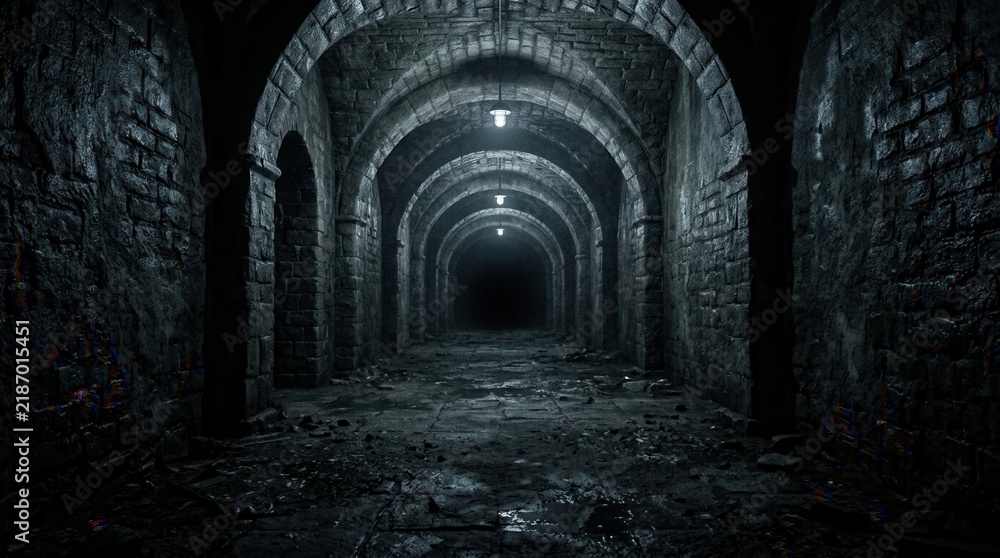 Fototapeta premium Chilling dungeon passage resembling a dark underground tunnel inside a basement