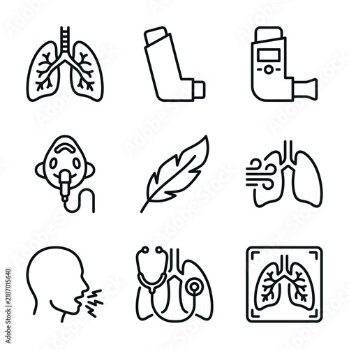 Set of respiratory and pulmonology medical thin line icons with respiratory system