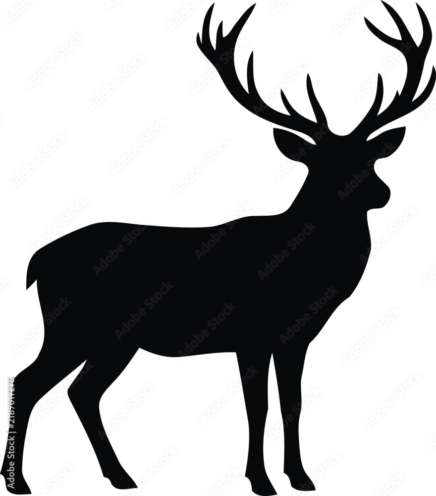 Fototapeta premium Black silhouette of a standing stag with large antlers, isolated icon on a white background, deer buck