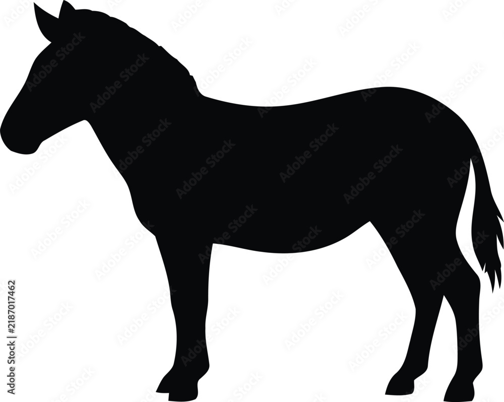 Obraz premium Solid black silhouette of a standing zebra, isolated on a white background, side profile view of an african equine animal