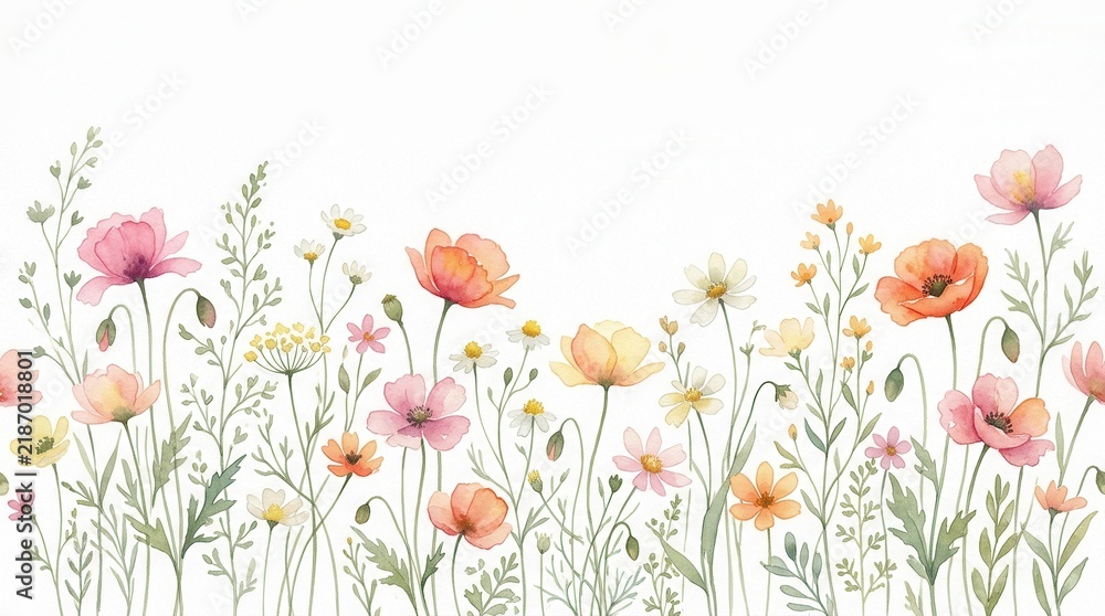 Fototapeta premium Watercolor floral border with pink and orange wild flowers plants and foliage on white backdrop