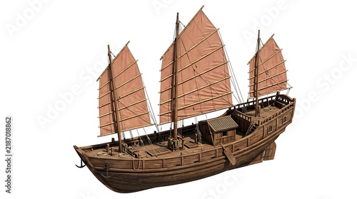Detailed 3D illustration of a traditional wooden Chinese junk ship isolated on a pure white background