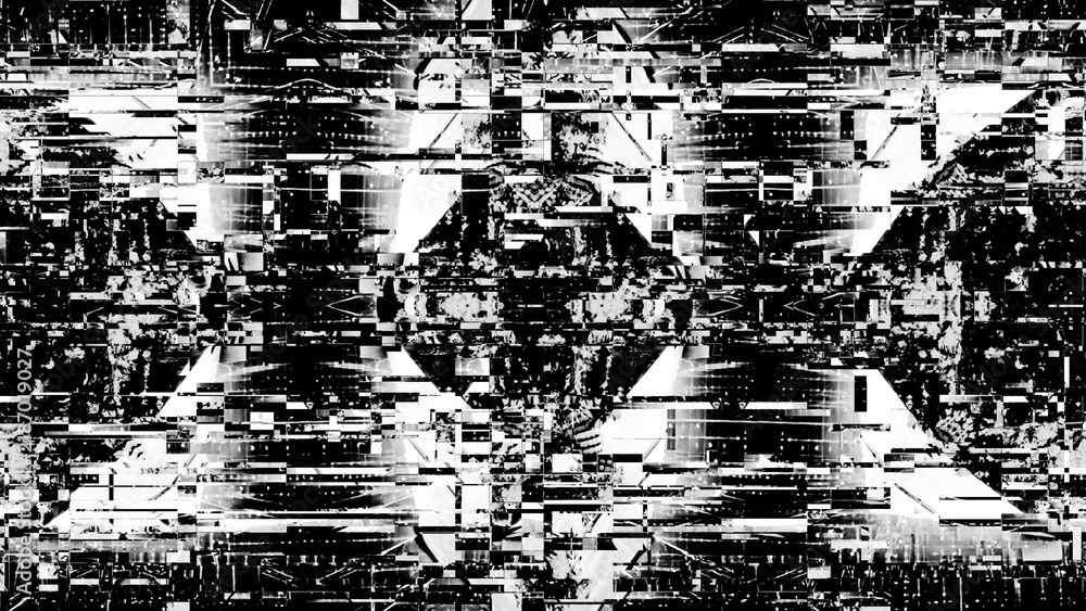 Fototapeta premium CPUのような白黒の幾何学的な四角とピクセルで構成されたグリッチノイズ素材