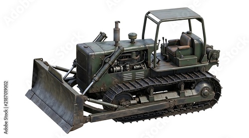 A detailed dark green industrial bulldozer isolated on a white background for heavy construction work