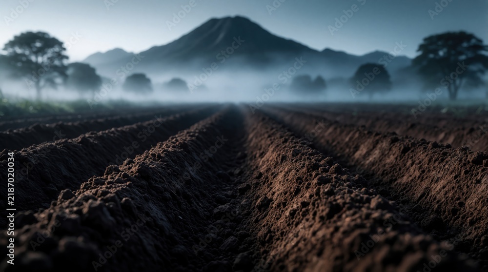Fototapeta premium Furrowed dark soil with misty mountains and trees behind. A fertile agricultural field awaits planting. Peaceful natural landscape at dawn with morning fog over the land.