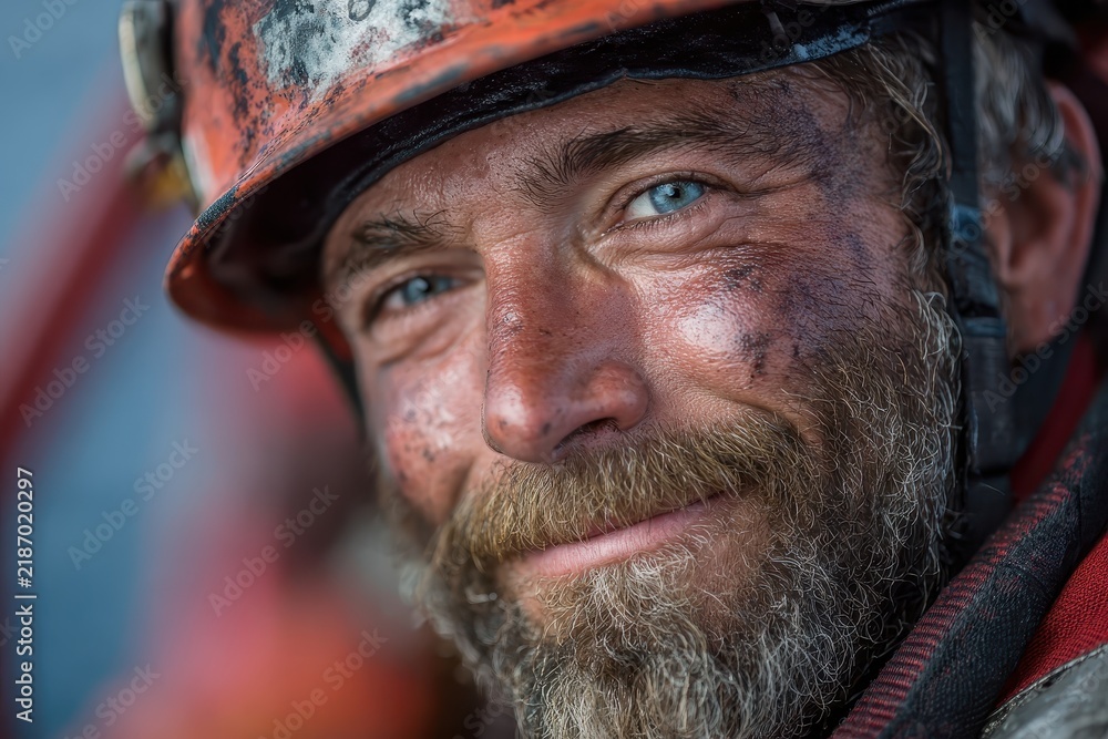 Obraz premium Smiling worker with dirty face, bright blue eyes, and orange hard hat. Authentic portrait highlights dedication, labor, and working-class resilience.