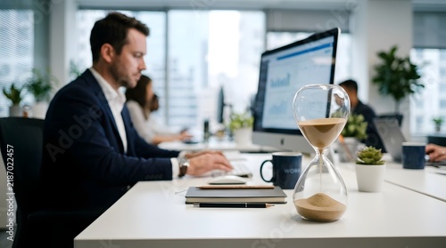 Professional Office Scene with Hourglass and Desks