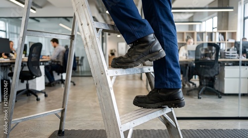 Professional Worker Climbing Metal Ladder in Modern Office