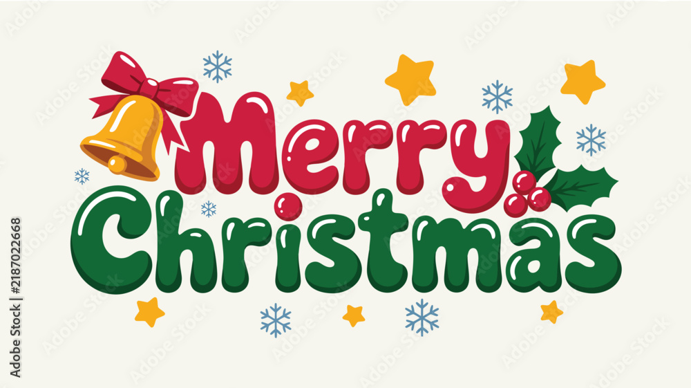 Fototapeta premium Merry christmas greeting text vector illustration with decorative bell, stars and snowflakes