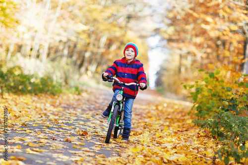 Little kid boy in colorful warm clothes in autumn forest park driving a bicycle